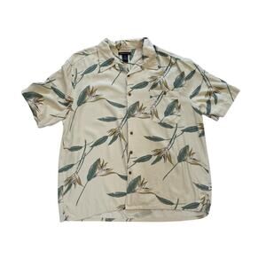 Statements Tropical Print Neutral Tan/Beige Silk Camp Shirt, Size XXL